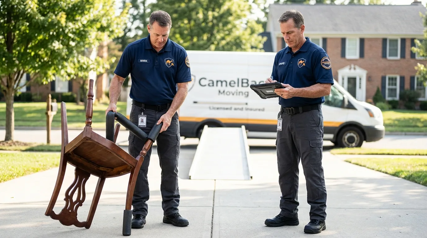 Movers inspecting furniture for damage prevention before loading in Orwigsburg, PA