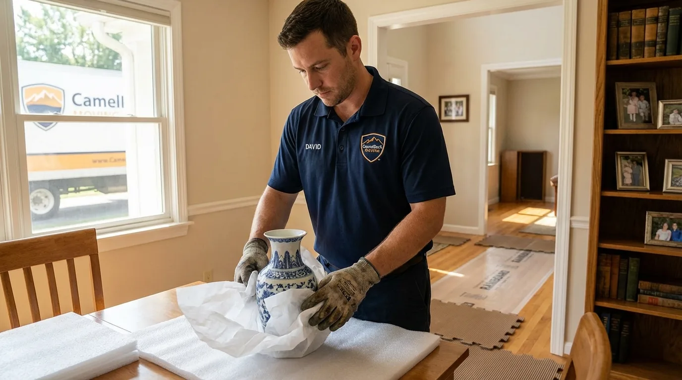 Professional crew carefully wrapping antique vase for senior downsizing move in Orwigsburg, PA